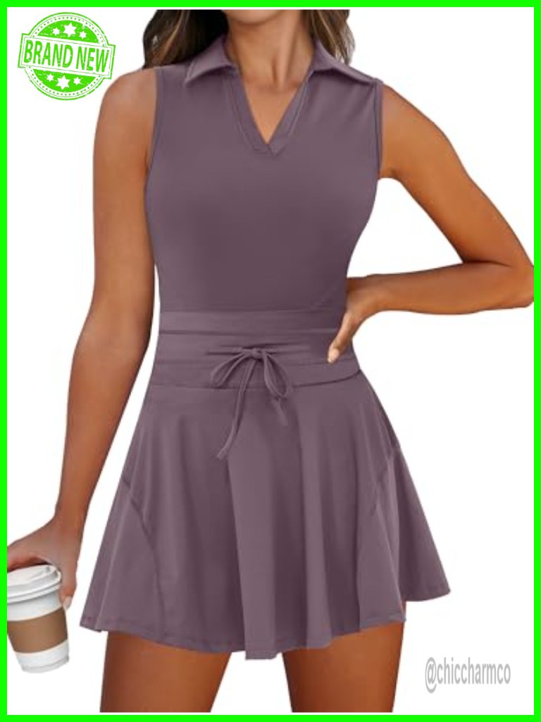 Women's 2 Piece Tennis Dress Set With Built-In Shorts, Polo Neck Sleeveless